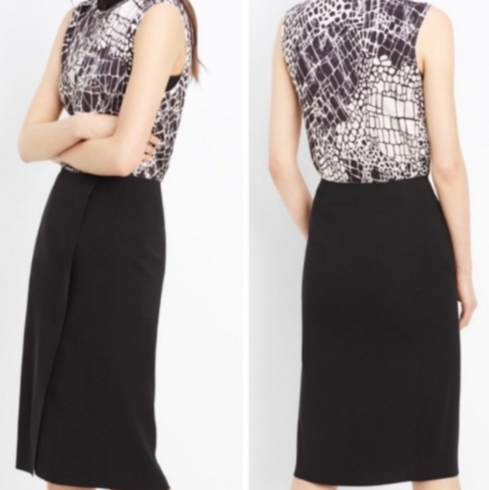 Vince Black Bonded Laser Cut Pencil Midi Skirt Asymmetrical Full Wrap Zip